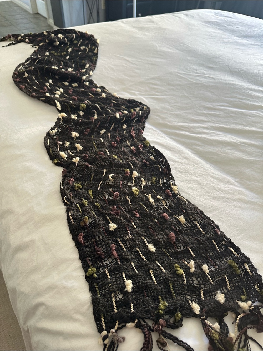 Black Textured Fringe Scarf with Multicolor Flower Accents - Picture 6 of 10